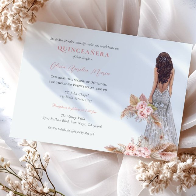 Invitación Elegante Rosa Pampas Vestido de hierba Quinceanera (Subido por el creador)