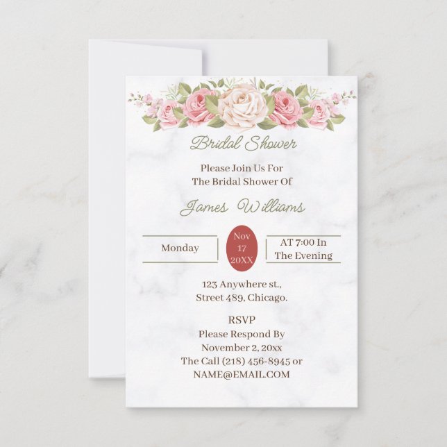 Invitación Elegante Rosa Personalizado Flor Ducha Bridal (Anverso)