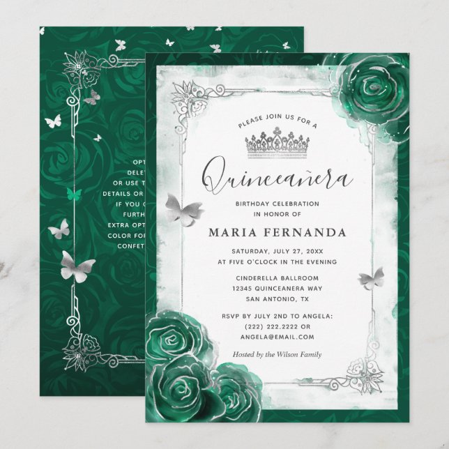 Invitación Elegante Rosa Plata Verde Quinceanera (Anverso / Reverso)