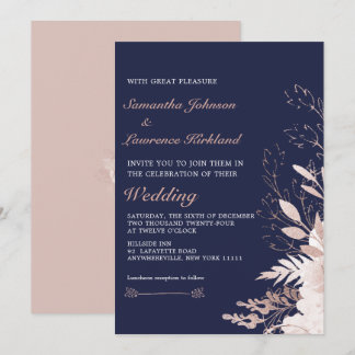 Invitación Elegante Rosa Polvoriento Boda Azul de la Marina F