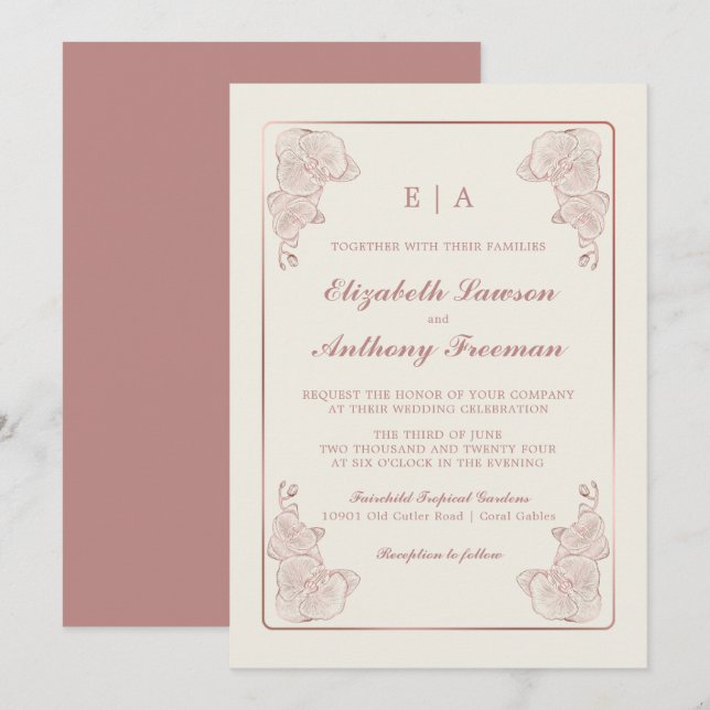Invitación Elegante Rosa polvoriento Boda de esbozo de orquíd (Anverso / Reverso)