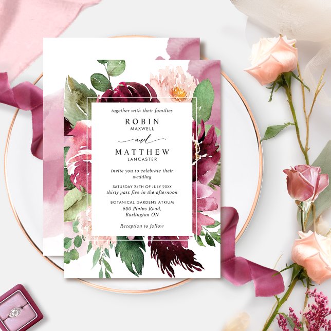 Invitación Elegante Rosa Polvoriento, Boda floral rosa de Bor (Subido por el creador)