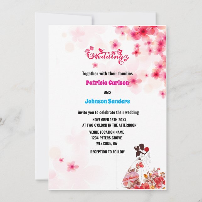 Invitación Elegante Rosa Polvoriento, Boda floral rosa de Bor (Anverso)