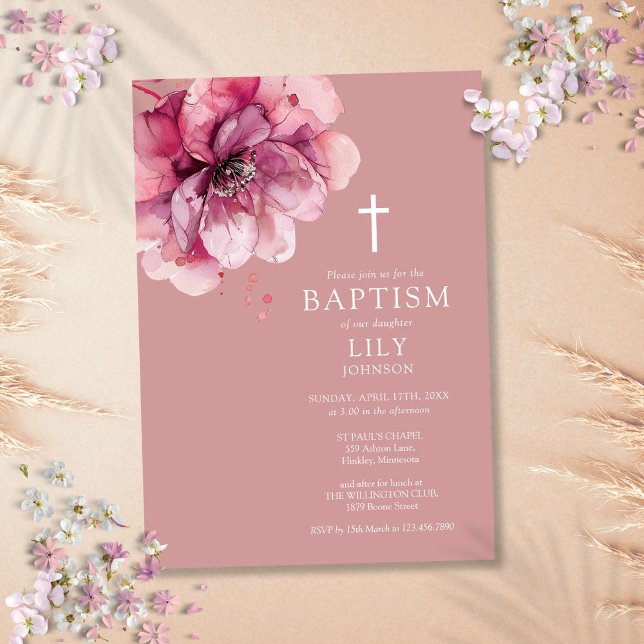 Invitación Elegante Rosa Polvoriento Floral Acuarela Bautizo (Dusty Rose Elegant Watercolor Floral Baptism Invitation)