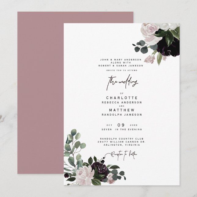Invitación Elegante Rosa Polvoriento Floral Ambos Padres Boda (Anverso / Reverso)