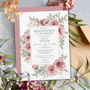 Invitación Elegante Rosa Polvoriento Floral Bridesmaids Lunch