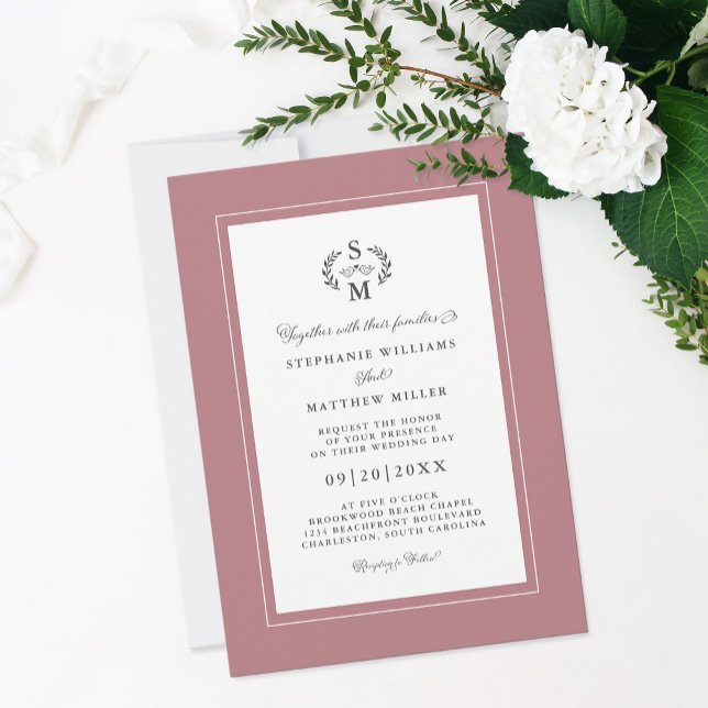Invitación Elegante Rosa Polvoriento Iniciales Boda de caligr (Elegant Dusty Rose Initials Calligraphy Wedding Invitation)