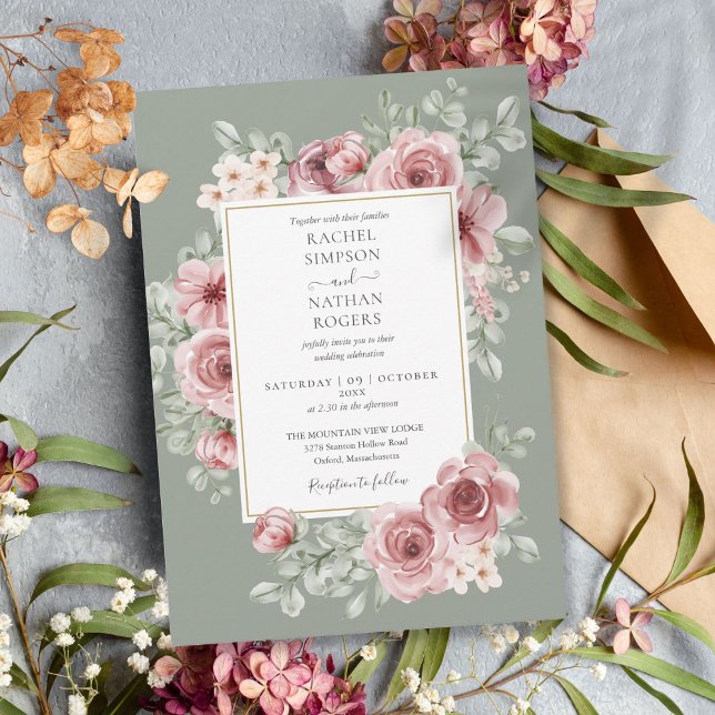 Invitación Elegante Rosa Polvoriento Sage Verde Boda (Elegant Dusty Rose Floral Sage Green Wedding Invitation)