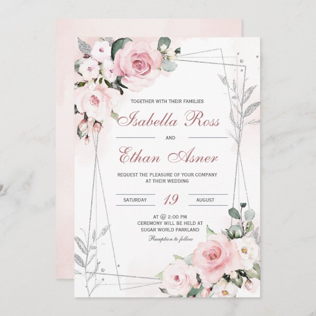Invitación Elegante Rosa polvoriento y bodas grises invitacio (Anverso / Reverso)