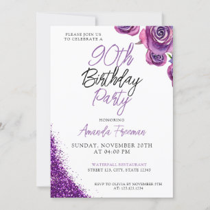 Invitación Elegante Rosa púrpura 90 cumpleaños