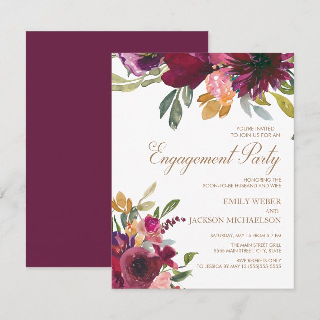 Invitación Elegante Rosa Púrpura Dorado Floral Escritura Comp (Anverso / Reverso)