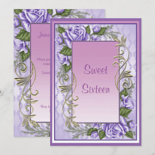 Invitación Elegante Rosa Púrpura Framed Dulce Cumpleaños