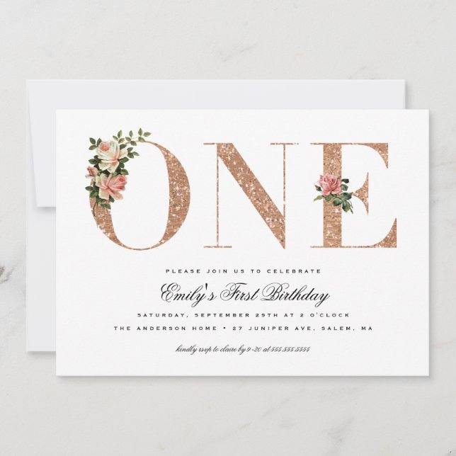 Invitación Elegante Rosa  Purpurina 1er cumpleaños (Anverso)