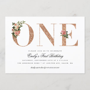 Invitación Elegante Rosa  Purpurina 1er cumpleaños