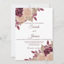 Invitación Elegante Rosa Purpurina Borgoña  Boda Floral