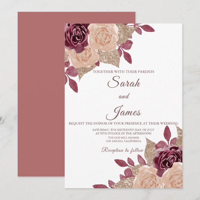Invitación Elegante Rosa Purpurina Borgoña  Boda Floral (Anverso / Reverso)