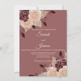 Invitación Elegante Rosa Purpurina Borgoña  Boda Floral