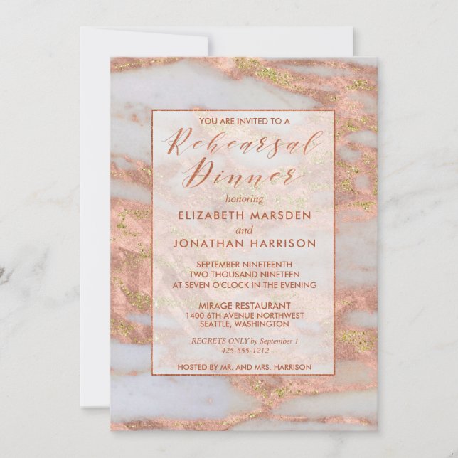 Invitación Elegante Rosa Purpurina de Mármol de Oro Cena (Anverso)