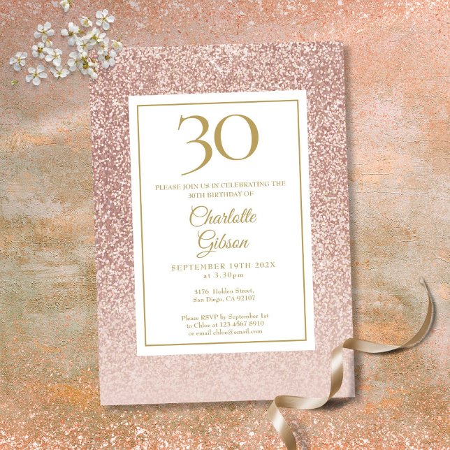Invitación Elegante Rosa Purpurina de Oro 30 cumpleaños (Elegant Rose Gold Glitter 30th Birthday Invitation)