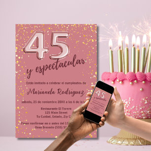 Invitación Elegante Rosa Purpurina de oro 45º cumpleaños espa