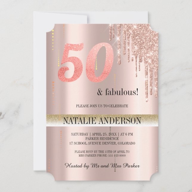Invitación Elegante rosa Purpurina de Oro 50 Años (Anverso)