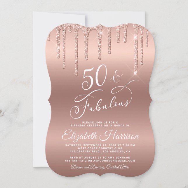 Invitación Elegante Rosa Purpurina de Oro 50 cumpleaños (Anverso)