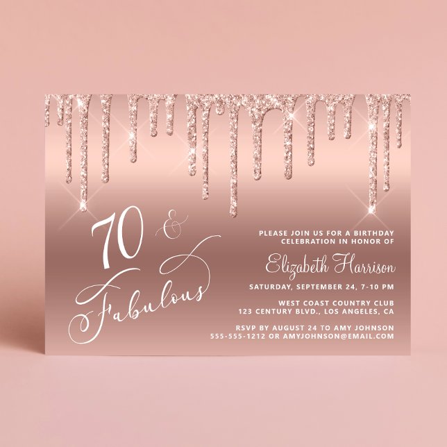 Invitación Elegante Rosa Purpurina de Oro 70 cumpleaños (Celebrate her 70 years of sparkle with an elegant rose gold glitter birthday party invitation)