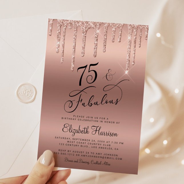 Invitación Elegante Rosa Purpurina de Oro 75ª fiesta de cumpl (Celebrate her 50 years of sparkle with an elegant rose gold glitter birthday party invitation  🎉 🎂)