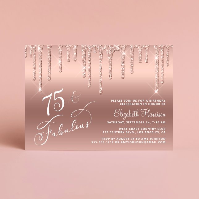 Invitación Elegante Rosa Purpurina de Oro 75ª fiesta de cumpl (Celebrate her 75 years of sparkle with an elegant rose gold glitter birthday party invitation  🎉 🎂)