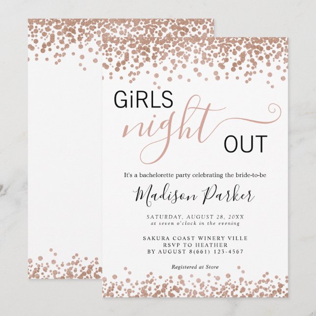 Invitación Elegante Rosa Purpurina de oro Bachelorette Blanca (Anverso / Reverso)