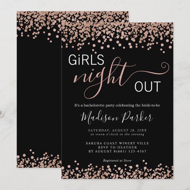 Invitación Elegante Rosa Purpurina de oro Bachelorette negra (Anverso / Reverso)