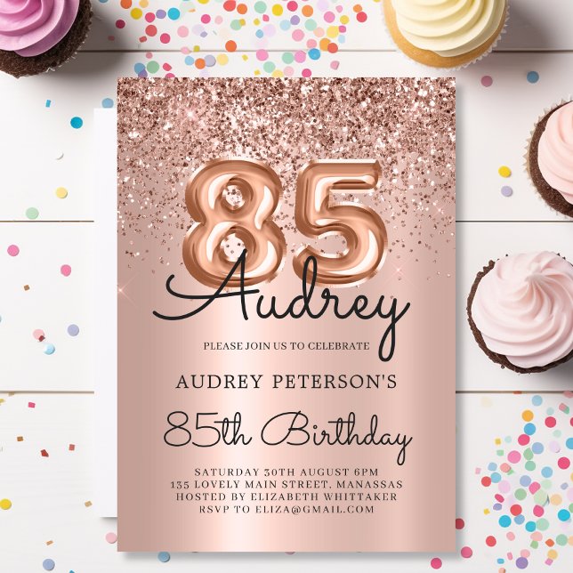 Invitación Elegante Rosa Purpurina de oro Balón 85º cumpleaño (Subido por el creador)