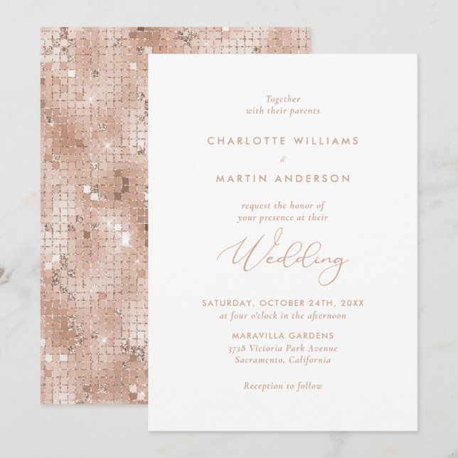 Invitación Elegante Rosa   Purpurina de oro Boda (Anverso / Reverso)