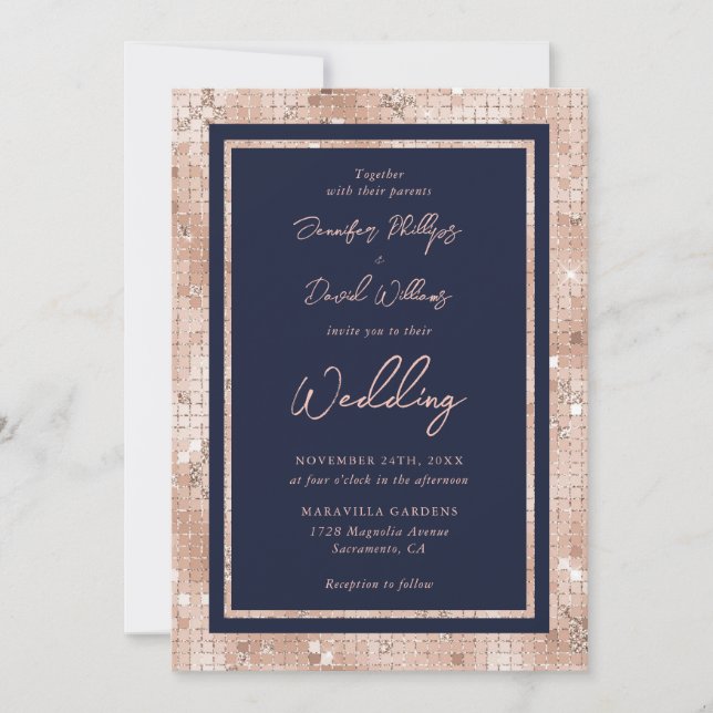 Invitación Elegante Rosa Purpurina de oro Boda azul de la Mar (Anverso)