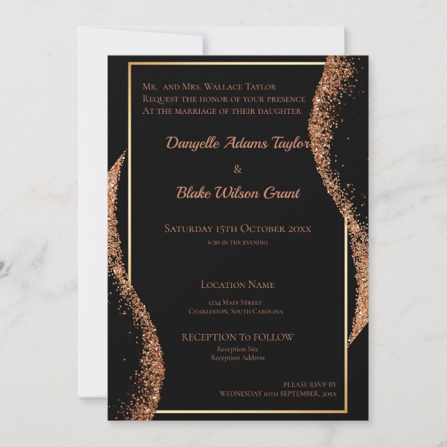 Invitación Elegante Rosa Purpurina de oro Boda floral negro (Anverso)