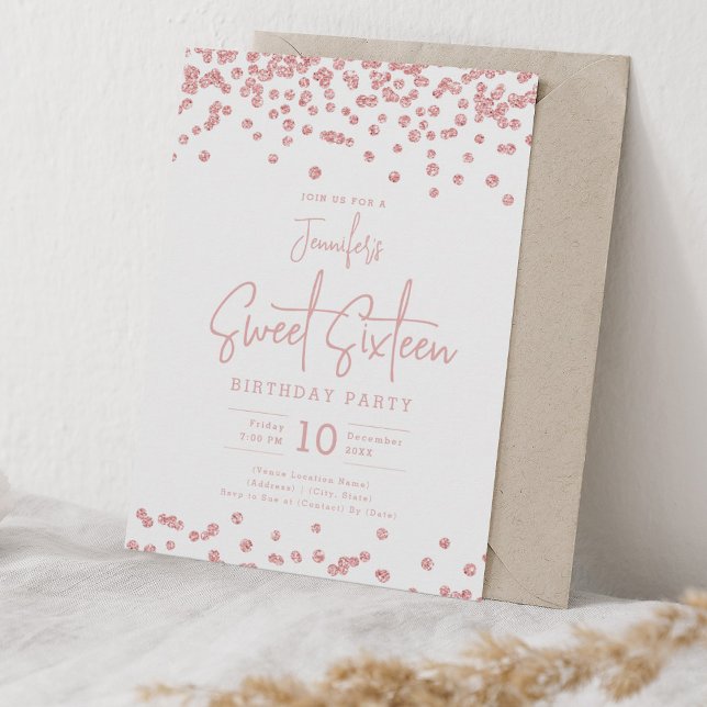 Invitación Elegante Rosa Purpurina de oro Confetti Sweet 16 F (Elegant Rose Gold Glitter Confetti Sweet 16 Party Invitation)
