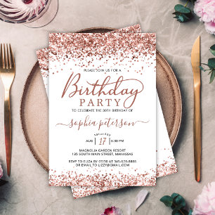 Invitación Elegante Rosa Purpurina de Oro Cualquier Edad Cump