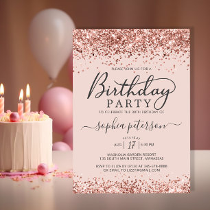 Invitación Elegante Rosa Purpurina de oro Cualquier Edad Cump