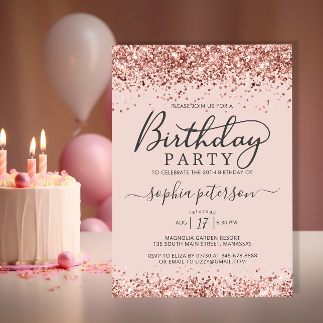Invitación Elegante Rosa Purpurina de oro Cualquier Edad Cump (Subido por el creador)