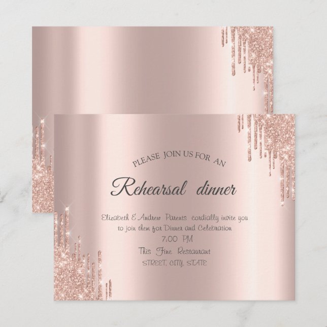 Invitación Elegante Rosa Purpurina de oro Dris Ensayo de cena (Anverso / Reverso)