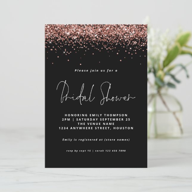 Invitación Elegante Rosa Purpurina de oro ducha de novia negr (Anverso de pie)