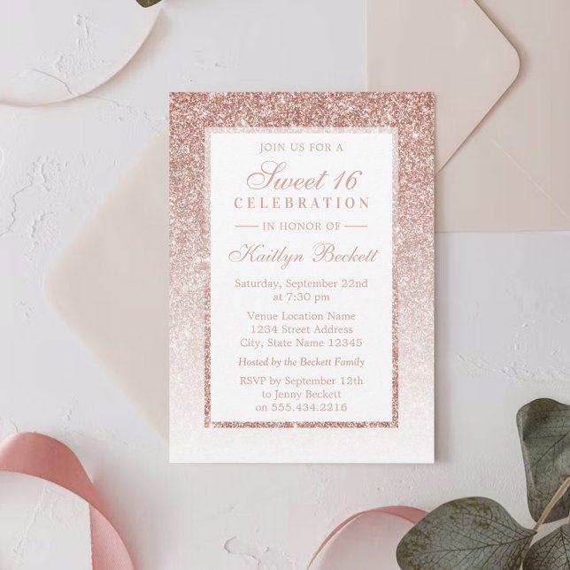 Invitación Elegante Rosa Purpurina de oro dulce 16 cumpleaños (Subido por el creador)