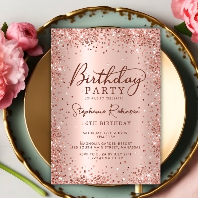 Invitación Elegante Rosa Purpurina de oro dulce 16 cumpleaños (Subido por el creador)