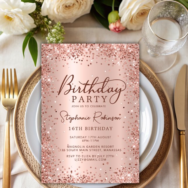 Invitación Elegante Rosa Purpurina de oro dulce 16 cumpleaños (Subido por el creador)