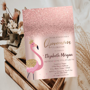 Invitación Elegante Rosa Purpurina de Oro, Flamingo Quinceañe