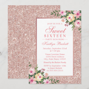 Invitación Elegante Rosa Purpurina de oro Floral Sweet 16 Cum