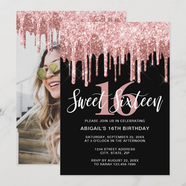 Invitación Elegante rosa purpurina de oro gotea dulce diecisé (Anverso / Reverso)