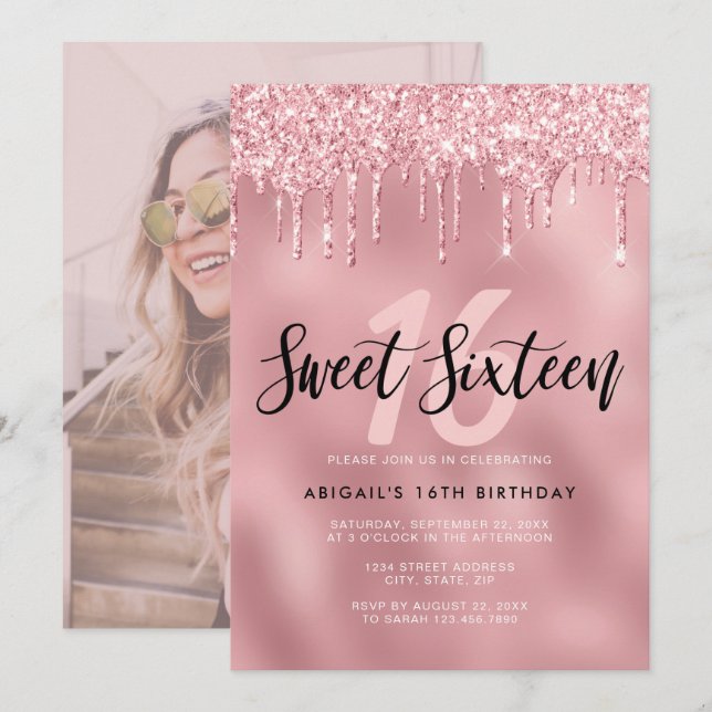 Invitación Elegante rosa purpurina de oro gotea dulce diecisé (Anverso / Reverso)