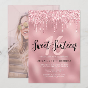 Invitación Elegante rosa purpurina de oro gotea dulce diecisé