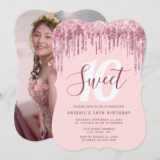 Invitación Elegante rosa purpurina de oro gotea dulce diecisé (Anverso / Reverso)